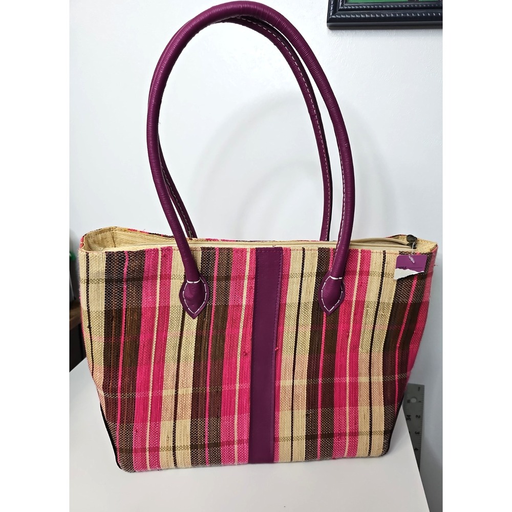Handmade Woven Raffia Tote Bag Purple Faux Leather Straps Striped Boho Summer